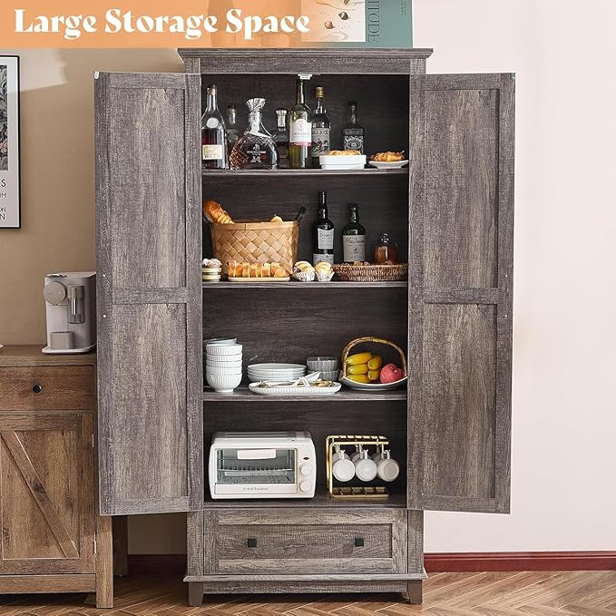 AMERLIFE 2 Pcs Farmhouse Kitchen Pantry Cabinet, 72" Tall Storage Cabinet with Adjustable Shelves & Barn Doors & Drawer, Freestanding Kitchen Cupboard for Dining Room, Living Room, Rustic Grey