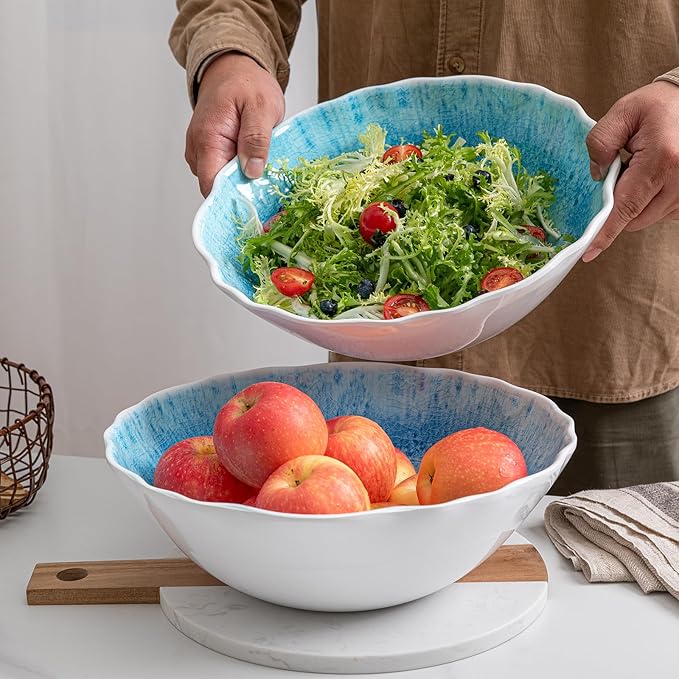 Melamine Serving Bowls, 12'' x 4'' Large Salad/Pasta/Mixing/Fruit Bowls, Set of 2 Break-resistant BPA Free Classic Melamine Bowls, Dishwasher Safe, Blue