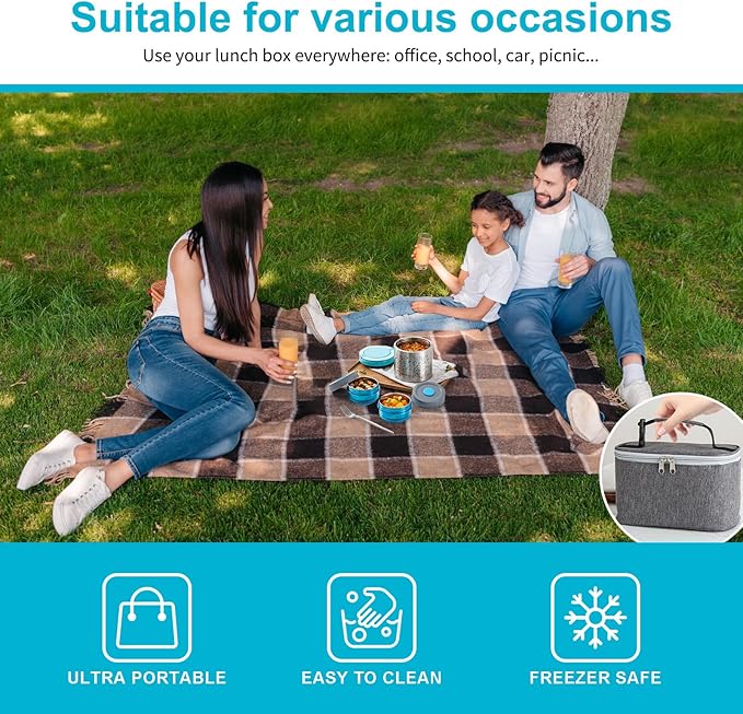 Lille Home Portable Insulated Lunch Box Set with Stainless Steel Cutlery, vacuum lunch box, to Keep Food Warm or Cool, Two Containers for Fruits and Sauces, Durable and Leak-Proof(Blue)