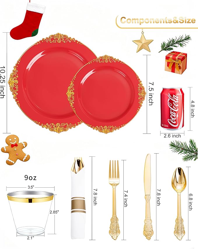 Nervure 350PCS Red Plastic Plates - Red Gold Plastic Dinnerware Sets for 50 Guests - 100 Gold Disposable Plates, 50 Pre Rolled Silverware Sets, 50 Cups Perfect for Wedding & Party & Christmas