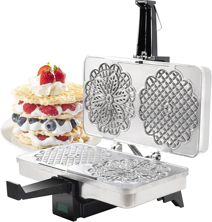 Pizzelle Maker- Polished Electric Holiday Baker Press Makes Two 5-Inch Cookies at Once- Christmas Baking Supplies for Party- Italian Dessert Treat Making with Recipe Guide- Cookie Swap Gift for Her