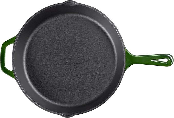 Navaris Enameled Cast Iron Skillet - 12" Frying Pan with Enamel Coated Finish - 12 inch Kitchen Cookware Fry Griddle for Stove Top and Oven - Green