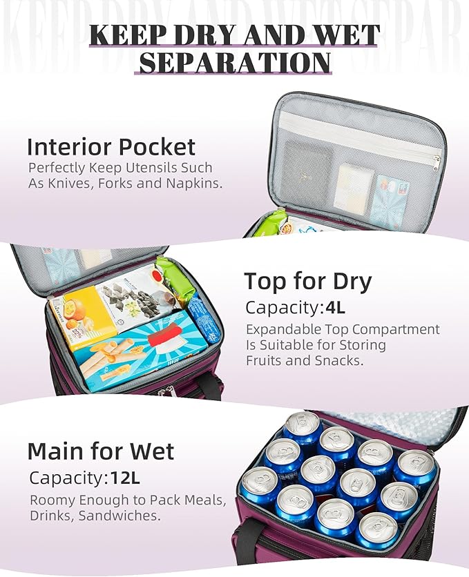 HSHRISH Expandable Lunch Box for Women, Double Deck Large Insulated Lunch Bag Women Leakproof Durable Lunch Cooler Tote Bag, Lightweight Cute Lunchbox for Work Outdoor Travel, Purple