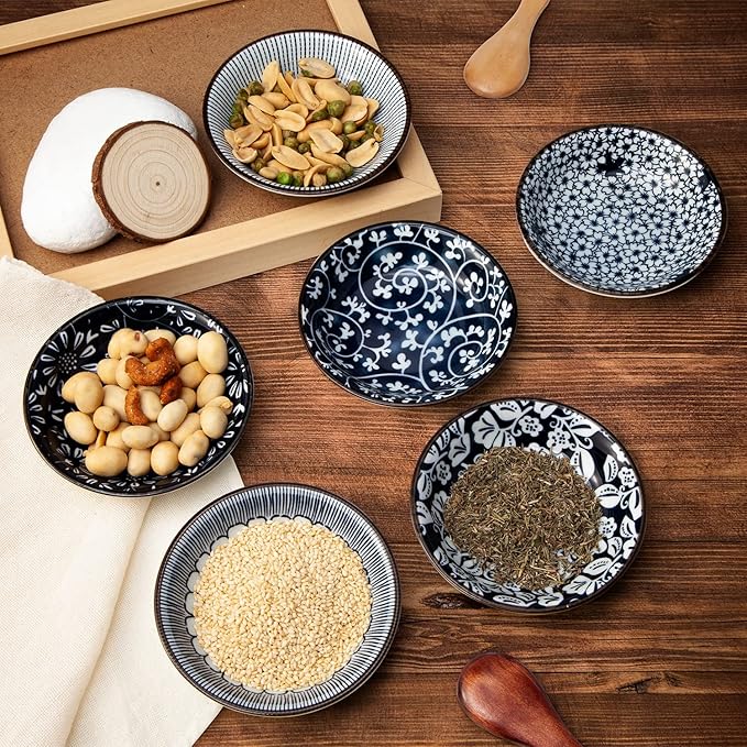 Dipping Bowls, Soy Sauce Dish Ceramic, 3 OZ Small Serving Bowls for Side Dishes Vintage Blue Stylish Design, Set of 6 Mini Appetizer Plates for Condiment Sushi Ketchup BBQ Party, 4 Inch