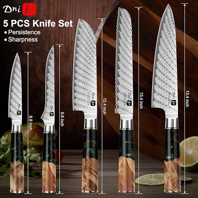 Japanese Knife Set 5 PCS, Damascus High Carbon Stainless Steel Chef Knife Set for Cooking, Kitchen Knives with Gift Box and Resin Wood Handle, Ideal Gift for Men and Women