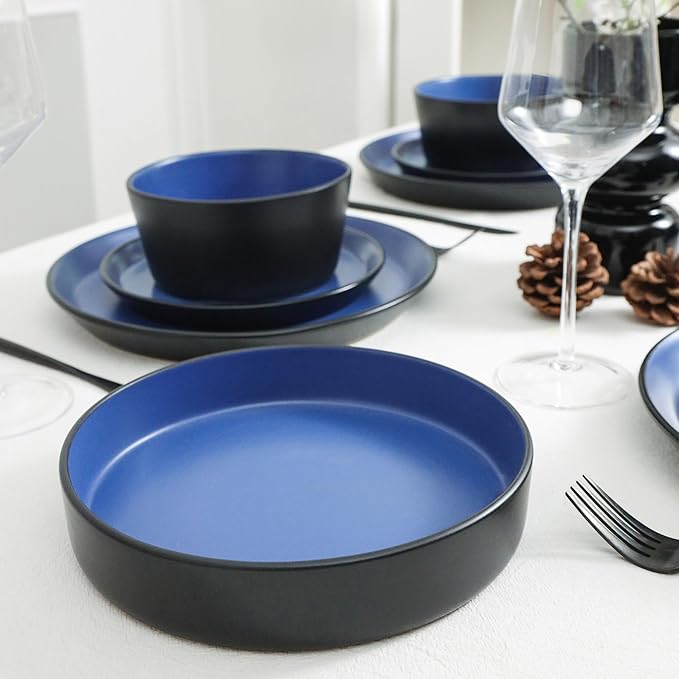 Stone Lain Albie Stoneware Bowl Set, 4-Piece Pasta Bowls for Kitchen, Ceramic Serving for Noodles, Fruit, Cereal, Dinner - Microwave & Dishwasher Safe, Black