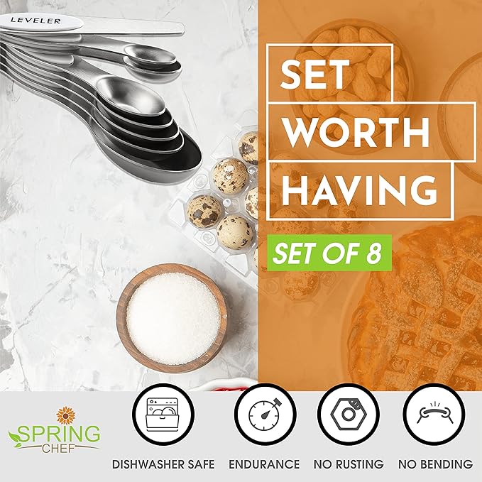 Spring Chef White Stainless Steel Magnetic Measuring Spoons Set of 8 with Leveler, Dual Sided Metal Teaspoon & Tablespoon Measuring Spoons, Fits in Spice Jars, Kitchen Gadgets for Baking & Cooking