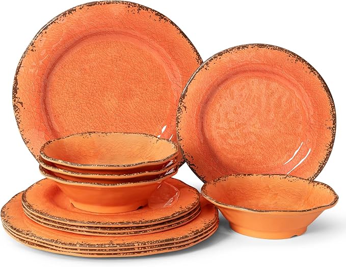 LEHAHA Melamine Salad/Dessert Plates, Crackled Design Plates Set of 6, 9 inch Small Dinner Plates, Modern Rustic Kitchen Serving Dishes for Party, Picnic and Camping Use, Orange