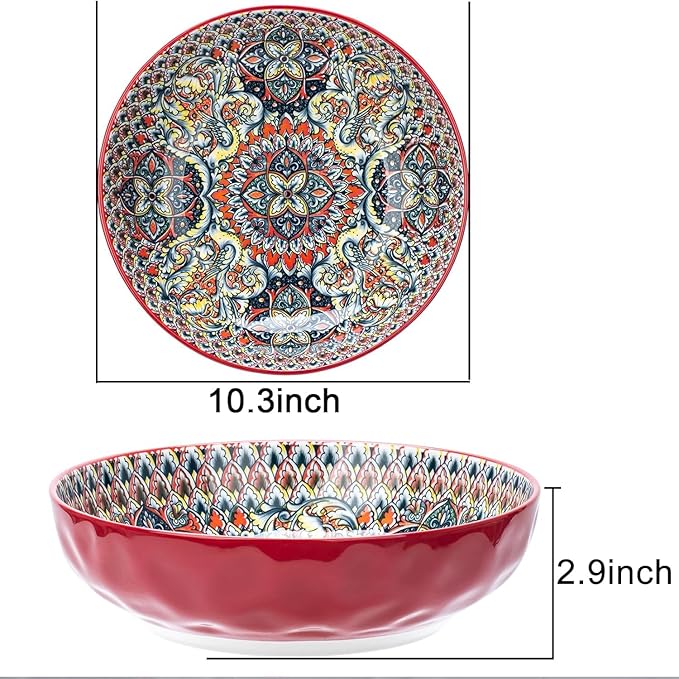 Large Serving Bowls, 75 Oz Fruit Salad Bowls Set of 2, Bohemian Style Large Porcelain Dishes for Entertaining Parties,Big Bowls for Salad, Pasta, Fruit, Chips, 10.3 Inch Diameter (green.red)