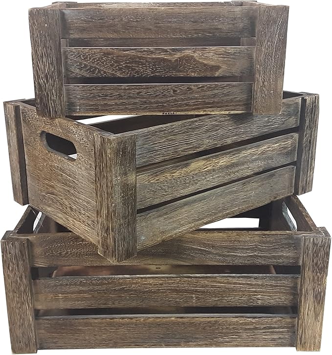 Admired By Nature Wooden Crates Storage Container, Rustic Light Brown Set of 3, Farmhouse Style Decorative Baskets for Home Decor, Rustic Decor, Nesting Stackable Organizers, Distressed Wood Crates