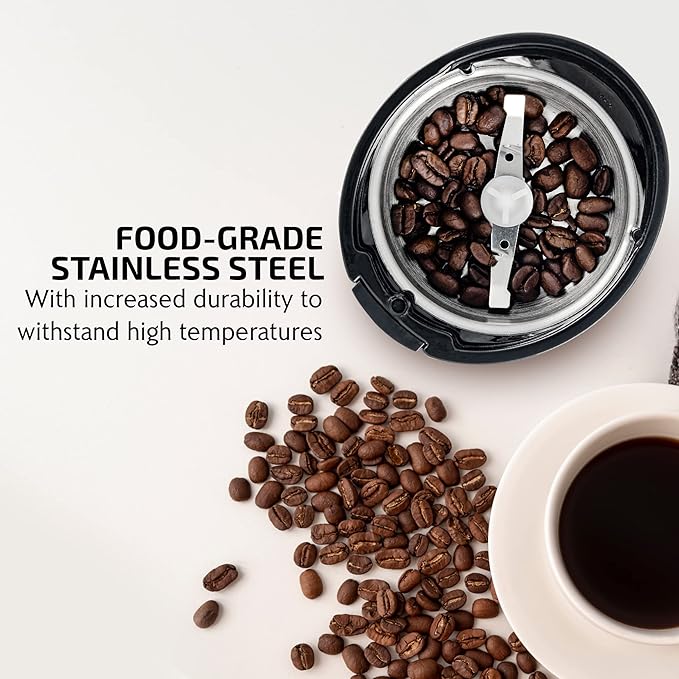 OVENTE Electric Coffee Grinder for Beans, Spices and More, 2.5Oz Compact Grinding Mill, Spice Grinder with Stainless Steel Blade, Pulse Button Operation and Transparent Easy to Open Lid, Black CG225B