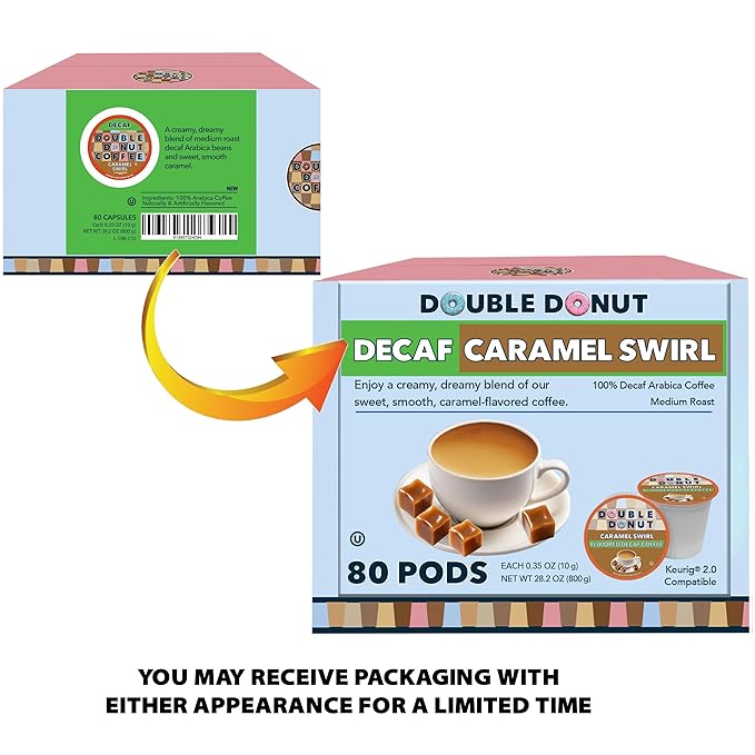 Caramel Swirl Medium Roast Flavored Decaf Coffee Pods for Keurig K Cups Makers from Double Donut, 80 Capsules