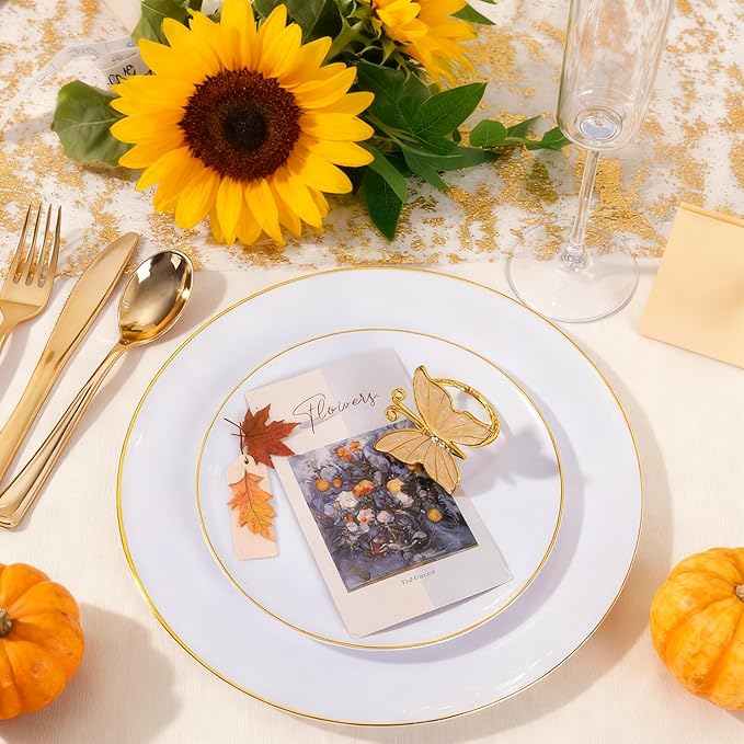 KIRE 200PCS Gold Plastic Plates - Disposable Plates for Party - White Plastic Plates with Gold Rim Include 100 for Dinner and 100 for Dessert/Salad in Wedding/Thanksgiving