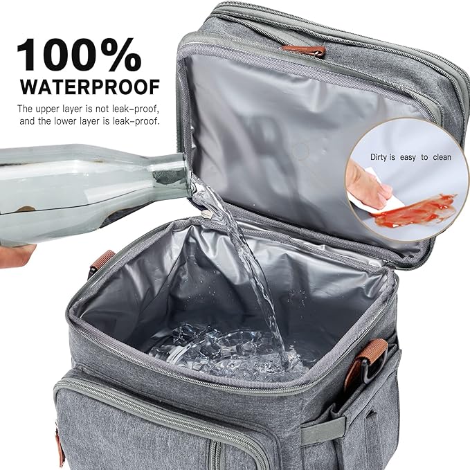 Men's and Women Double Compartment Lunch Bag, Insulated Lunch Cooler Tote 2 Roomy Large Reusable Water-resistant Lunch Box (Grey)