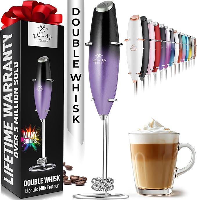 Zulay Kitchen Double Whisk Milk Frother – Handheld Foam Maker for Coffee, Lattes, Matcha, Hot Chocolate & Cappuccinos – Whip Creamy Froth in Seconds, Portable & Easy to Use