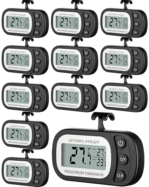 Frienda 12 Pack Black Digital Fridge Thermometer Waterproof Refrigerator and Freezer Room Max/min Record Function LCD Screen Refrigerator Thermometer with Hook and Magnetic Back for Home