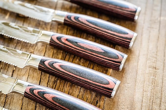 Majesty Series Professional Steak Knife Set with Damascus Pattern - Razor Sharp Serrated Stainless Steel with Wooden Handle (Set of 6 Steak Knives)