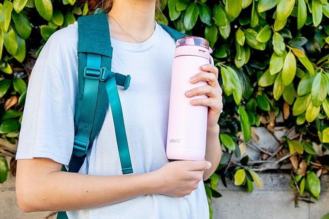 Ello Cooper 22oz Stainless Steel Water Bottle with Straw and Carry Handle, Double Walled and Vacuum Insulated Metal, Leak Proof Locking Lid with Soft Silicone Spout, Reusable, BPA Free, Cashmere Pink