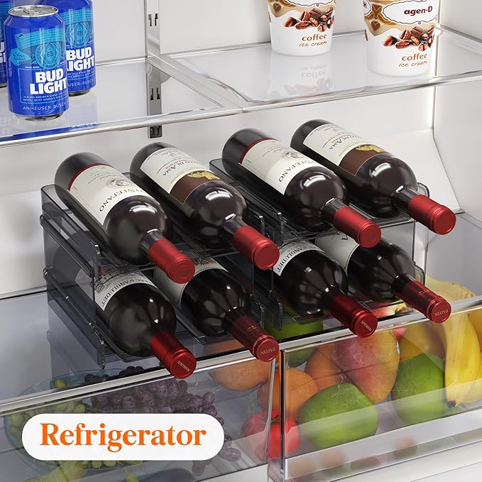Lifewit Plastic Stackable Wine Rack for refrigerator, Cabinet, Countertop,Wine Bottle Holder, Water Bottle Organizer for Fridge, Pantry, Black, Hold 8 Bottles