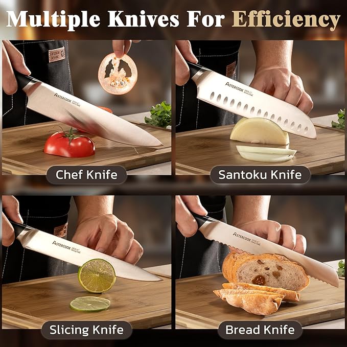 Astercook Knife Set, Kitchen Knives Set with Block and Sharpener Full Tang 17 Pcs German Stainless Steel Knives Sharp Blade Dishwasher Safe Premium Knife Set with Anti-slip Ergonomic Handle, Black