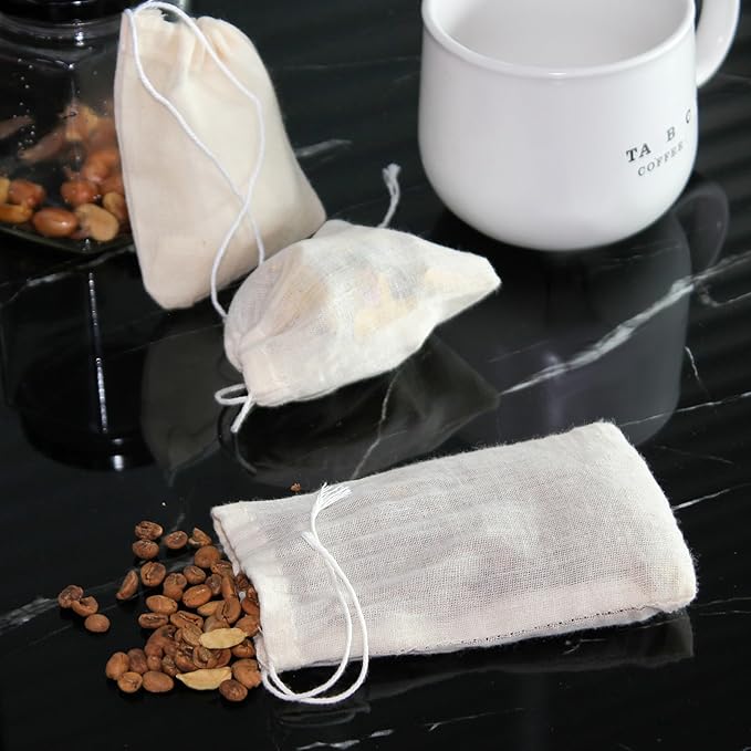 25-Pack Small Cheesecloth Bags, 4x3 Inches, Natural Unbleached Muslin Drawstring Bags for Straining Herbs, Cheese, Coffee, Tea, Soup, Gravy, Broth, Stew, and Spices
