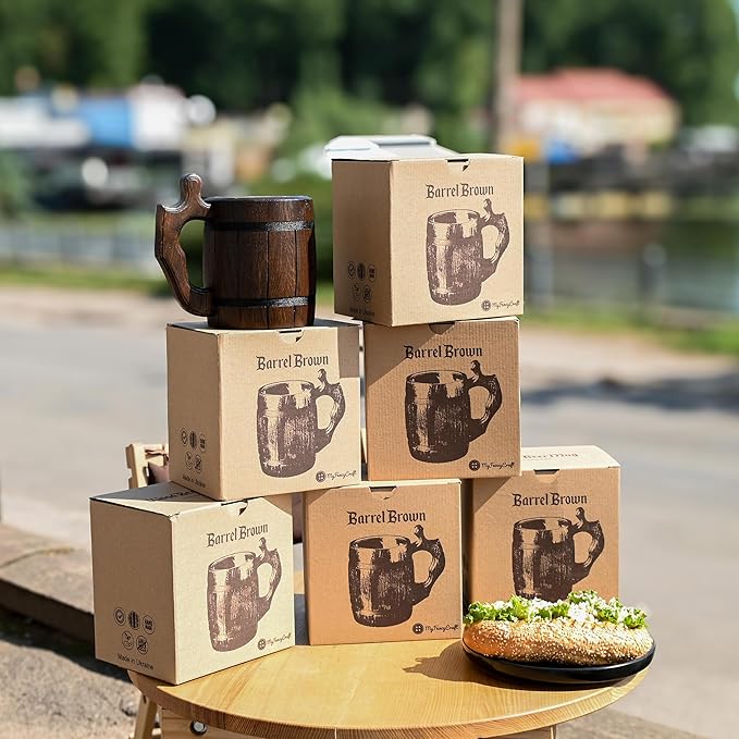 Set of 6 Beer Mug 20 OZ - Tankard Mug - Beer stein - Wooden beer mug - Stainless Steel Cup - Handmade Gifts for Men - Fathers Day, Christmas or Birthday Gift Idea - Barrel Brown