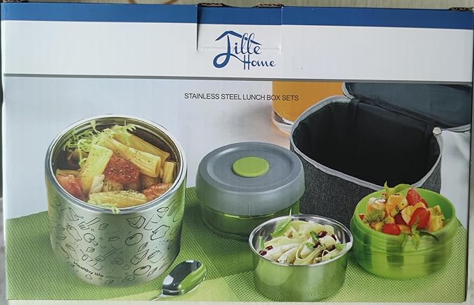 Lille Home Portable Insulated Lunch Box Set with Stainless Steel Cutlery, vacuum lunch box, to Keep Food Warm or Cool, Two Containers for Fruits and Sauces, Durable and Leak-Proof(Blue)