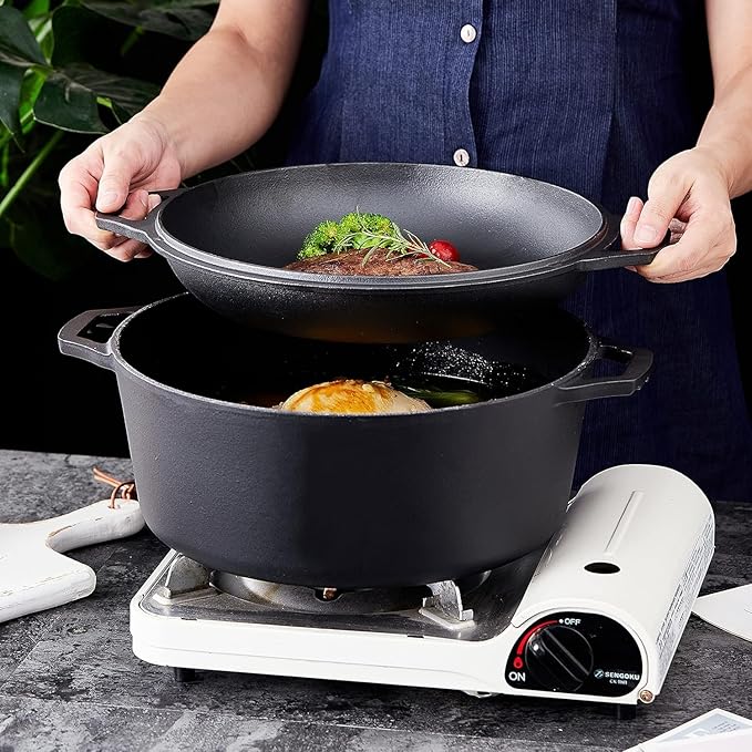 Bruntmor Pre-Seasoned Cast Iron Double Dutch Oven with Skillet Lid - 7 Quart All-in-One Casserole and Braising Pan - Heavy Duty and Oven Safe Black Cookware for Versatile Cooking - 14.7 x 6.9 Inches
