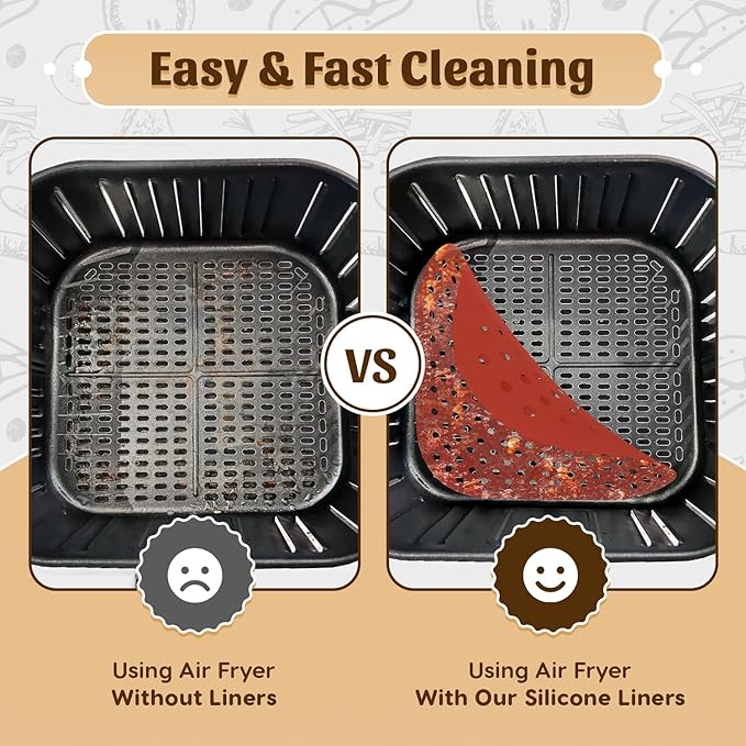 Reusable Square Silicone Air Fryer Liners (7.5 Inch, 3 Pack) by Linda’s Essentials - Non-Stick, Easy-Clean Accessories with Cheat Sheet & Recipe Book, Perfect for Quick Meals