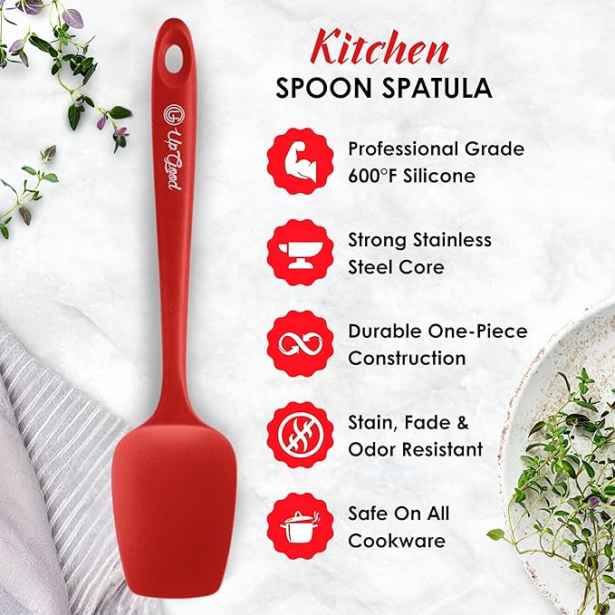 Silicone Spoon Spatula - 600ºF Heat-Resistant Non-Stick Rubber Spoonula | Use as Silicone Kitchen Scraper Utensil - Baking and Cooking Strong Stainless Steel Core | UpGood Kitchen Utensils, (Red)