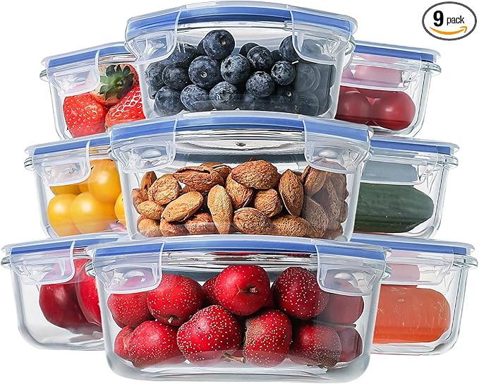 HOMBERKING Glass Food Storage Containers with Lids, [18 Piece] Glass Meal Prep Containers, Airtight Lunch Bento Boxes, BPA-Free & Leak Proof (9 lids & 9 Containers) - Deep Blue