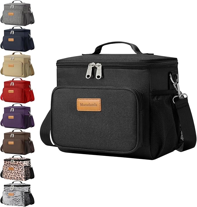 Macadamla Weinas Lunch bag for Women/Men,Reusable Lunch Box Leakproof Cooler Bag for Adult,Collapsible Lunch Bag with Adjustable Shoulder Strap for Work Office Picnic Beach Black
