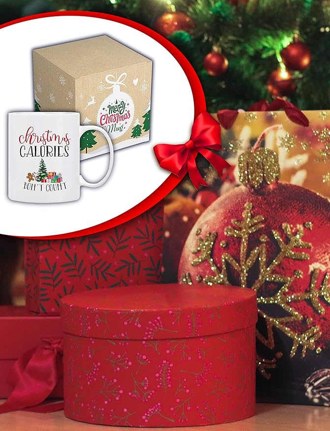 Christmas Coffee Mug ‘’ Christmas Calories Don’t Count’’, Funny Coffee Mug from Daughter, Wife and Son – Mug in Decorative Gift Box,11 Oz