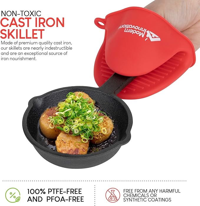 Modern Innovations Mini Black Cast Iron Skillet Set with Silicone Mitt (48 Count) - 3.5 Inch Pans, Pre Seasoned Small Skillets for Baked Cookie/Brownie or Cooked Eggs