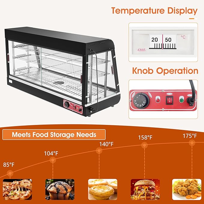 Whalefall 3-Tier Food Warmers Countertop, 48" Commercial Warm for Food Pizza Warmer w/ 3D Heating with Stainless Frame Sliding Glass Doors Pastry Display Case for Buffet Restaurant