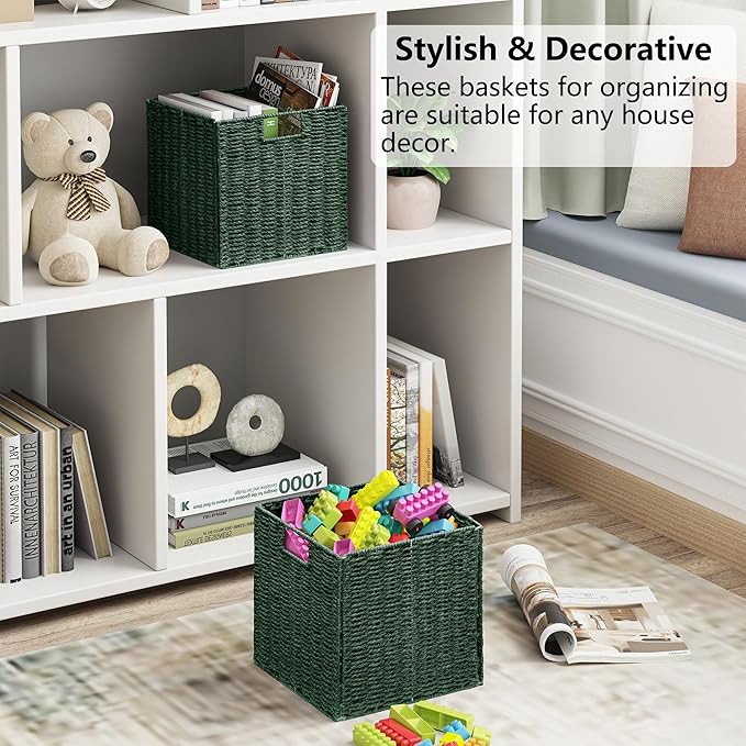 Vagusicc Wicker Storage Basket, Set of 2 Hand-Woven Paper Rope Wicker Basket, Foldable Cube Storage Bins, 9 inch Square Storage Baskets for Organizing Shelves & Decor, Green (9″×9″×9″)