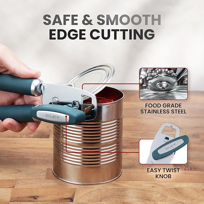 Zulay Kitchen Heavy Duty Stainless Steel Can Opener Manual with Bottle Opener - Rust Proof Manual Can Opener With Turn Knob & Soft Grip Handles