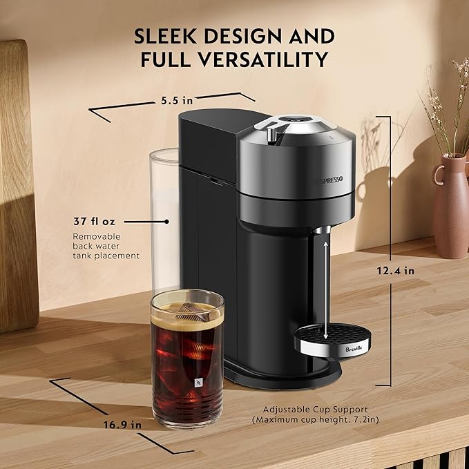 Nespresso Vertuo Next Deluxe Coffee and Espresso Maker, Pure Chrome with Aeroccino Milk Frother,1.1 liter, Black
