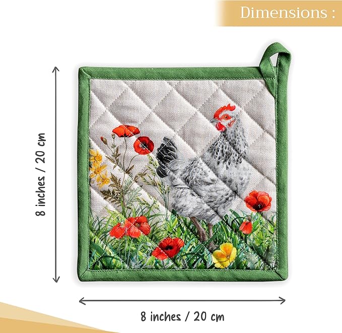 Maison d' Hermine Pot Holders Set 100% Cotton Heat Resistant Potholders 8" x 8" Hot Pads with Loop BBQ, Cooking, Baking, Grilling, Kitchen, Handling Hot Pans Spring/Summer (Pack of 2, Basse Cour)