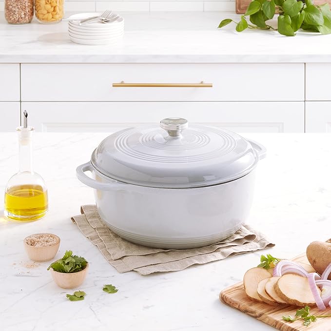 Lodge 7.5 Quart Enameled Cast Iron Dutch Oven with Lid – Dual Handles – Oven Safe up to 500° F or on Stovetop - Use to Marinate, Cook, Bake, Refrigerate and Serve –Gray