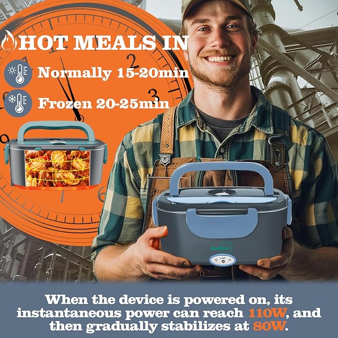 Buddew Electric Heated Lunch Box for Adults - 80W Fast Heating, 1.5L Food-Grade Stainless Steel, 12V/24V/110V Portable Food Warmer for Work Travel Car, Lonchera Electrica Portatil (Blue)
