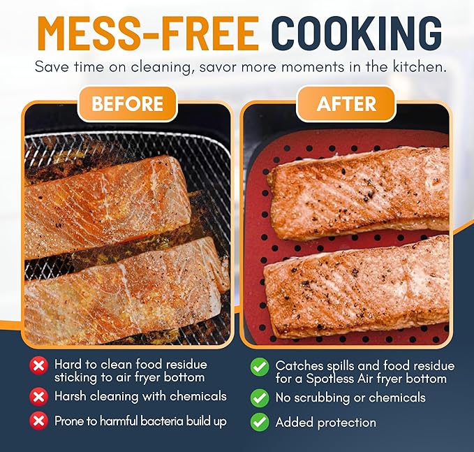Reusable Square Silicone Air Fryer Liners (8.5 Inch, 3 Pack) by Linda’s Essentials - Non-Stick, Easy-Clean Accessories with Cheat Sheet & Recipe Book, Perfect for Quick Meals