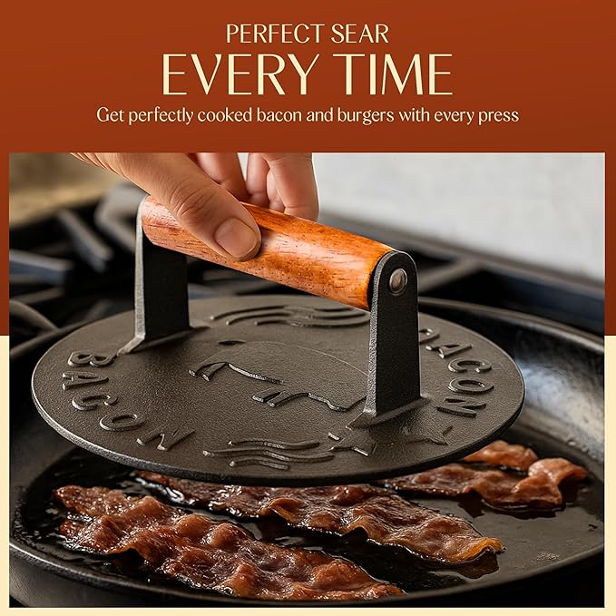 Heavy-Duty Cast Iron Burger Press 8.5 Inch Round Burger Smasher, Grill Press for Cooking Burgers, Bacon, Sandwiches, Steak, Ground Beef, Meats, Sausages, and So On