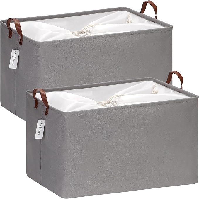 Hinwo 70L Extra Large Storage Bins, 2-Pack Closet Organizers and Storage, Foldable Clothes Storage Baskets with Handles, Containers for Clothing, Blanket, Comforters, Toys, Bedding (Gray)