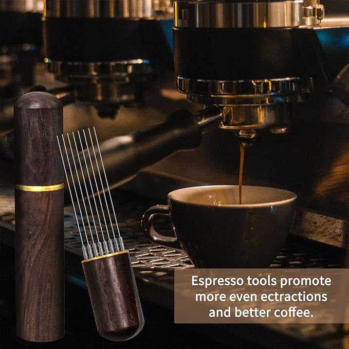 Espresso Coffee Stirrer 8 Needles 0.4mm Espresso Distribution Tools, Natural Wood Handle and Stand