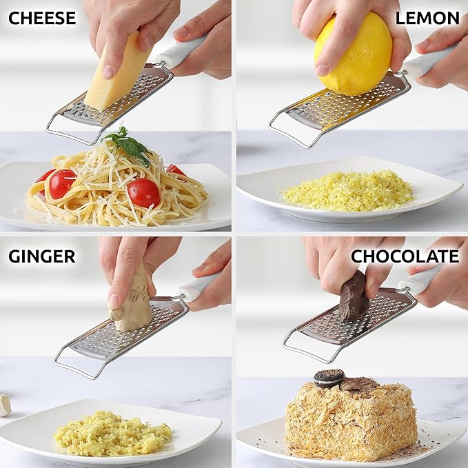 Zulay Kitchen Professional Cheese Grater Stainless Steel - Durable Rust-Proof Metal Lemon Zester Grater With Handle - Flat Handheld Shredder for Parmesan, Chocolate, Spices, And More - White
