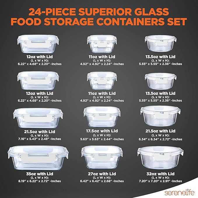 NutriChef Glass Food Storage Containers with Lids - 12 Piece Stackable Heavy Duty Meal Prep Containers - Mixed Sizes for Food, Snacks, Fruit & More - Microwave, Freezer, & Dishwasher Safe (White)