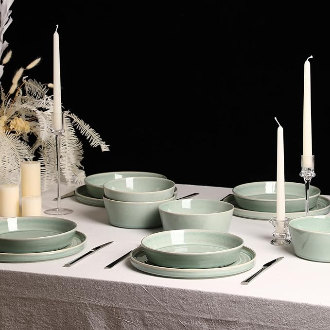 Stone Lain Claire 24-Piece Dinnerware Set Stoneware, Plates and Bowls Set, Dishwasher and Microwave Safe, Dish Set for 8, Green
