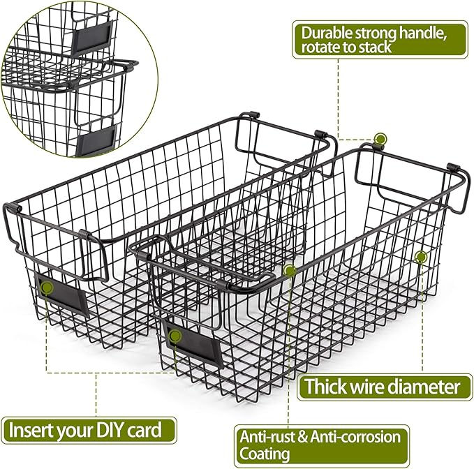 4 Pack [ XL Large ] STACKABLE Wire Baskets for Organizing - Pantry Storage and Organization Metal Bins for Produce, Food, Fruit - Kitchen Bathroom Closet Cabinet, Countertop, Under Sink Organizer