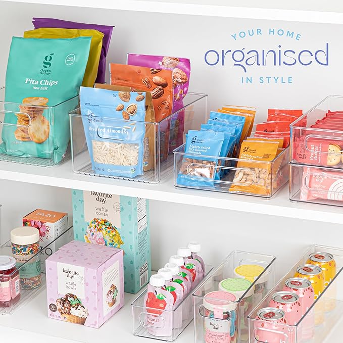 Plastic Food Storage 4 Pack Clear Container Bin with Handles for Organizing Kitchen, Pantry, Fridge, Freezer, Pantry,Bathroom. Stackable. 10"x4"3"